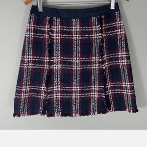 Lands End Tweed Plaid Skirt Size 16 Navy Blue Burgundy Fringe Lined Penc…